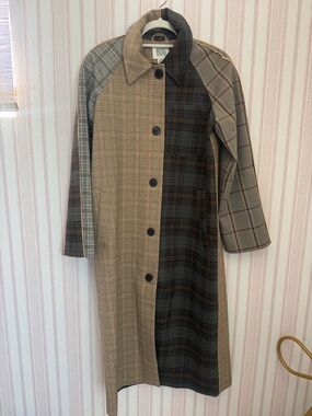 BDG Patchwork Plaid Long Sleeve Coat Dress in Brown and Gray Tones